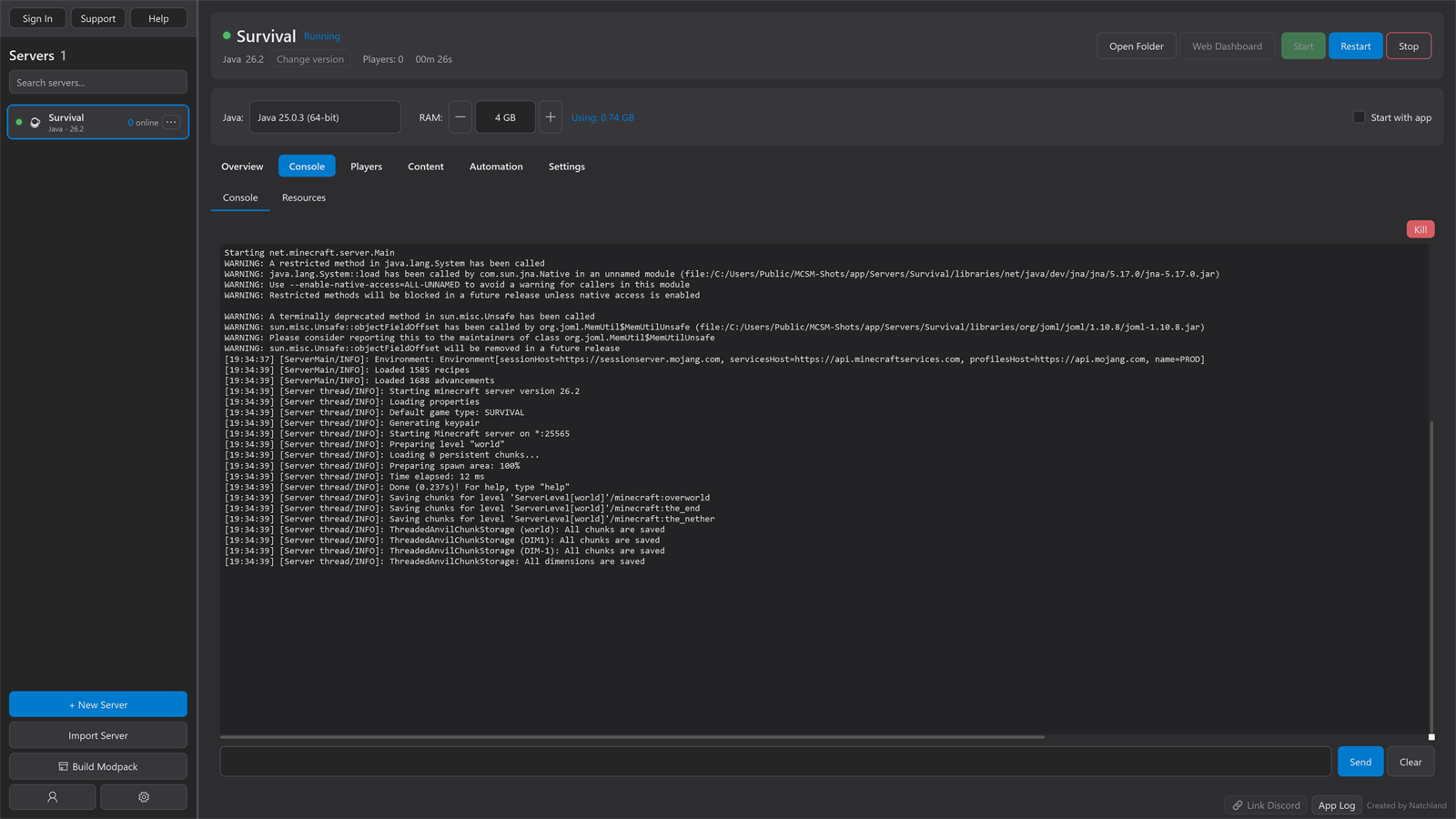 MC Server Manager with a Java server running, showing the live server console filling the window