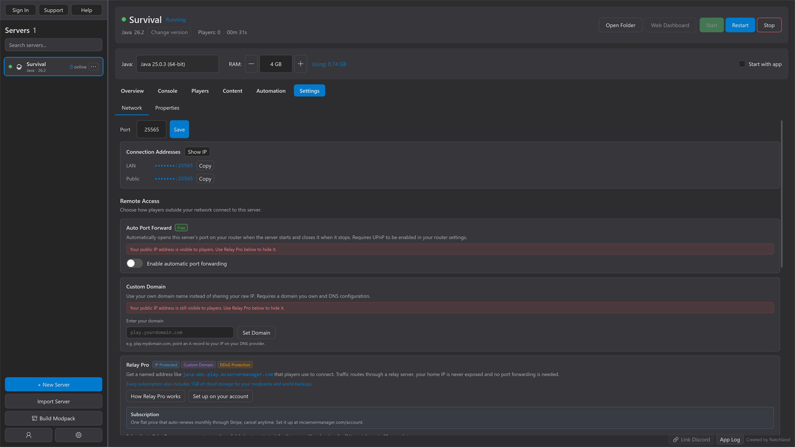 The network settings for a server in MC Server Manager, offering automatic port forwarding, a custom domain, or Relay Pro