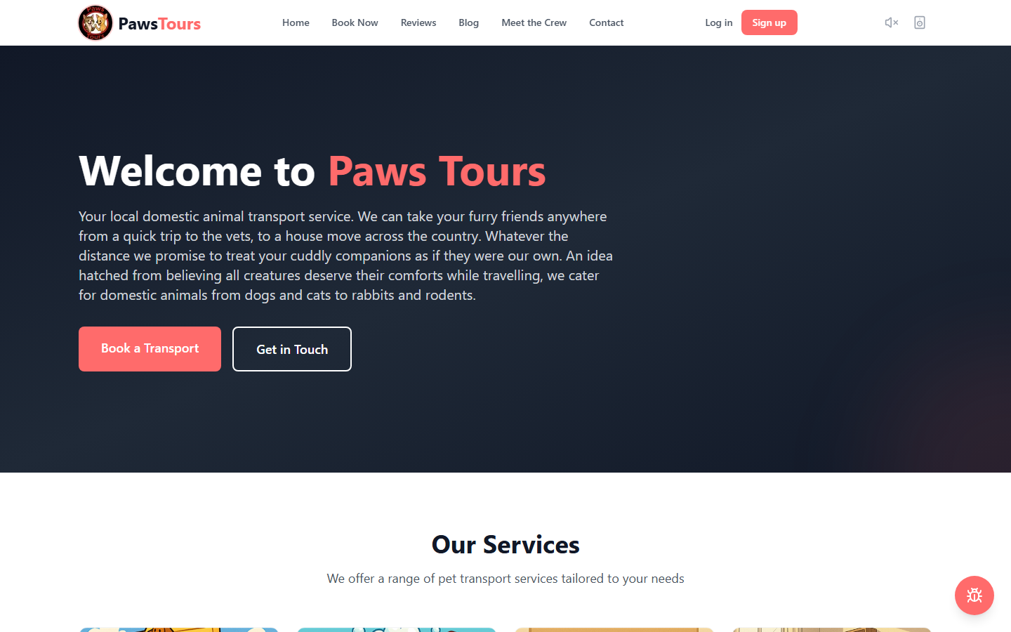 Paws Tours, a pet transport booking site built for a client